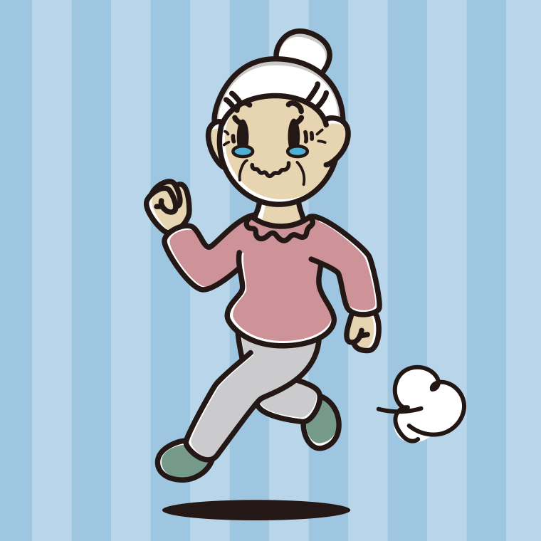 ジーンとしながら走るおばあさんのイラスト【色、背景あり】PNG