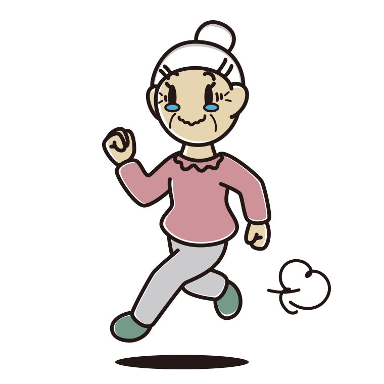 ジーンとしながら走るおばあさんのイラスト【色あり、背景なし】透過PNG