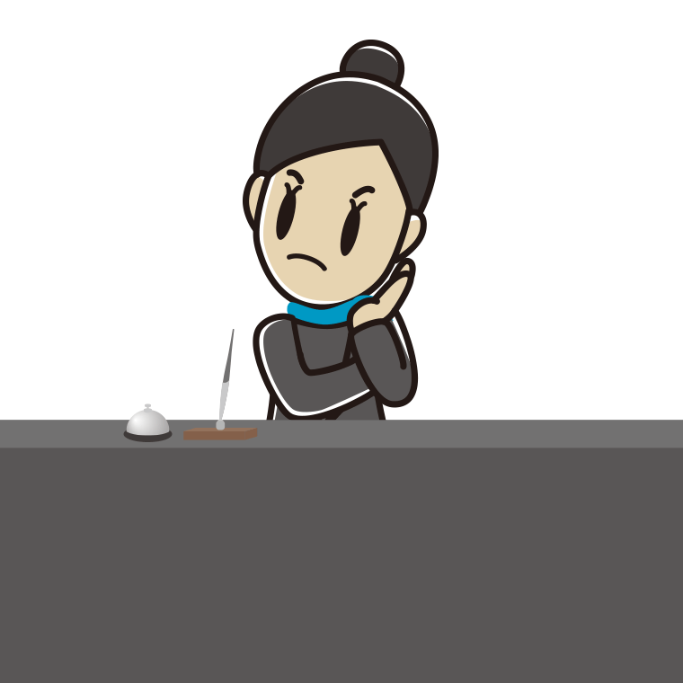 考える女性コンシェルジュのイラスト【色あり、背景なし】透過PNG