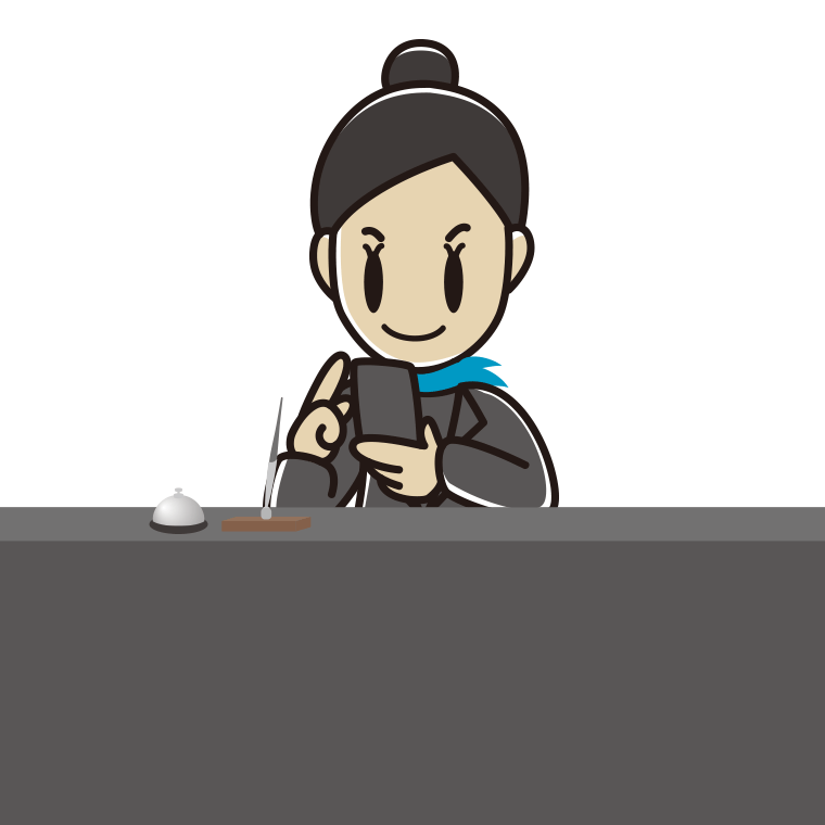 スマホを使う女性コンシェルジュのイラスト【色あり、背景なし】透過PNG