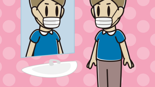 鏡を見るマスクの男性のイラスト【色、背景あり】PNG