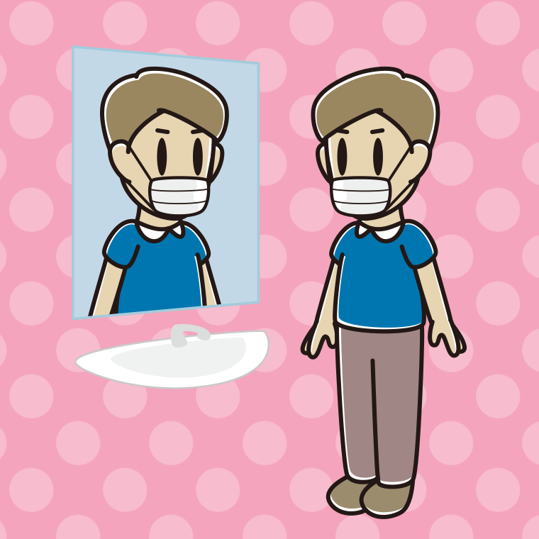 鏡を見るマスクの男性のイラスト【色、背景あり】PNG