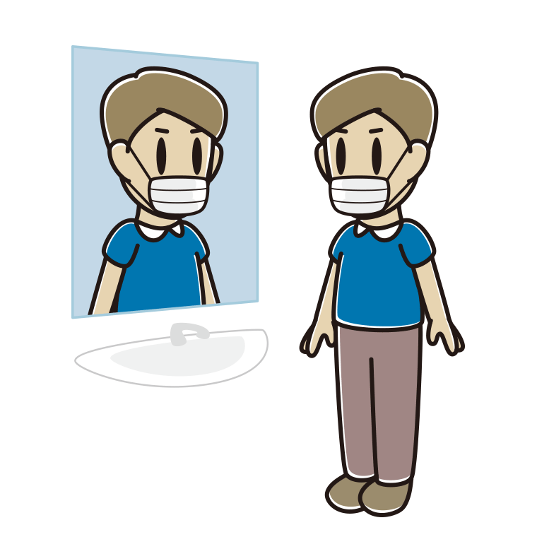鏡を見るマスクの男性のイラスト【色あり、背景なし】透過PNG