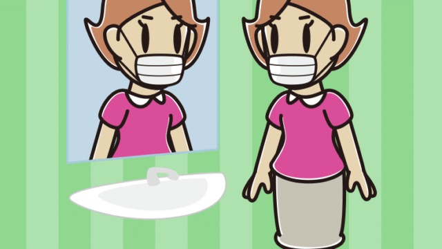 鏡を見るマスクの女性のイラスト【色、背景あり】PNG