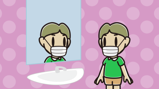 鏡を見るマスクの小学生男子のイラスト【色、背景あり】PNG