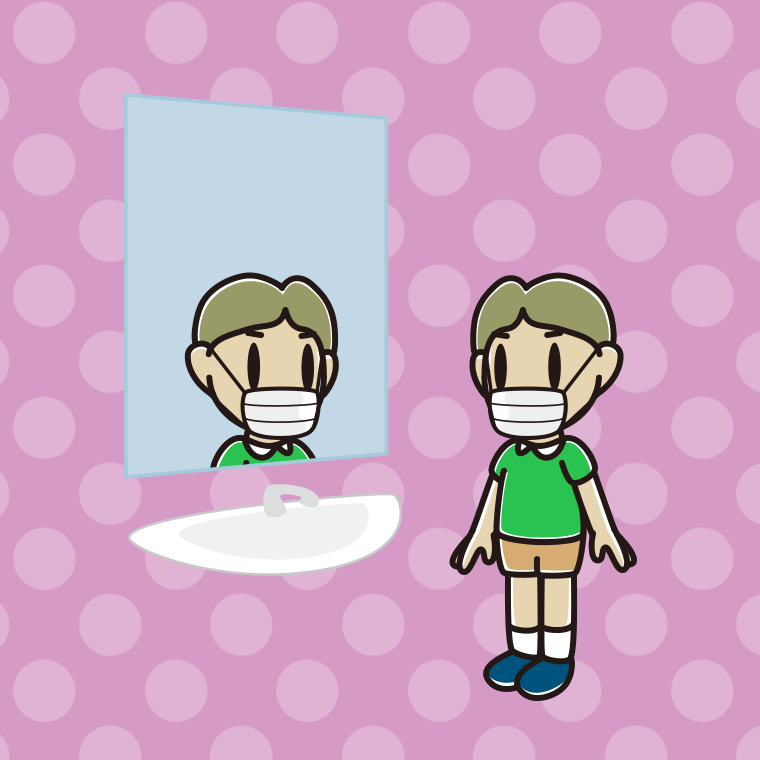 鏡を見るマスクの小学生男子のイラスト【色、背景あり】PNG