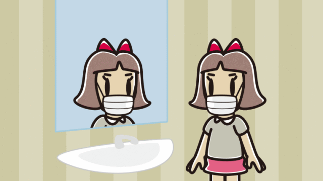 鏡を見るマスクの小学生女子のイラスト【色、背景あり】PNG