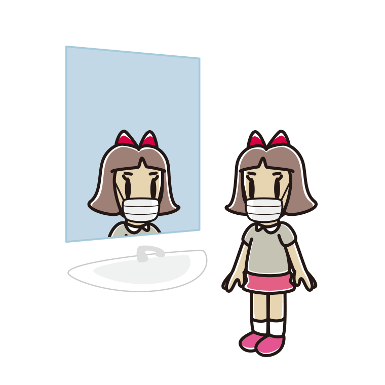 鏡を見るマスクの小学生女子のイラスト【色あり、背景なし】透過PNG