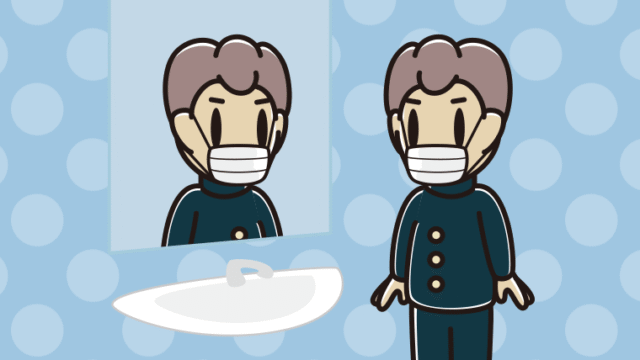 鏡を見るマスクの男子中学生のイラスト【色、背景あり】PNG