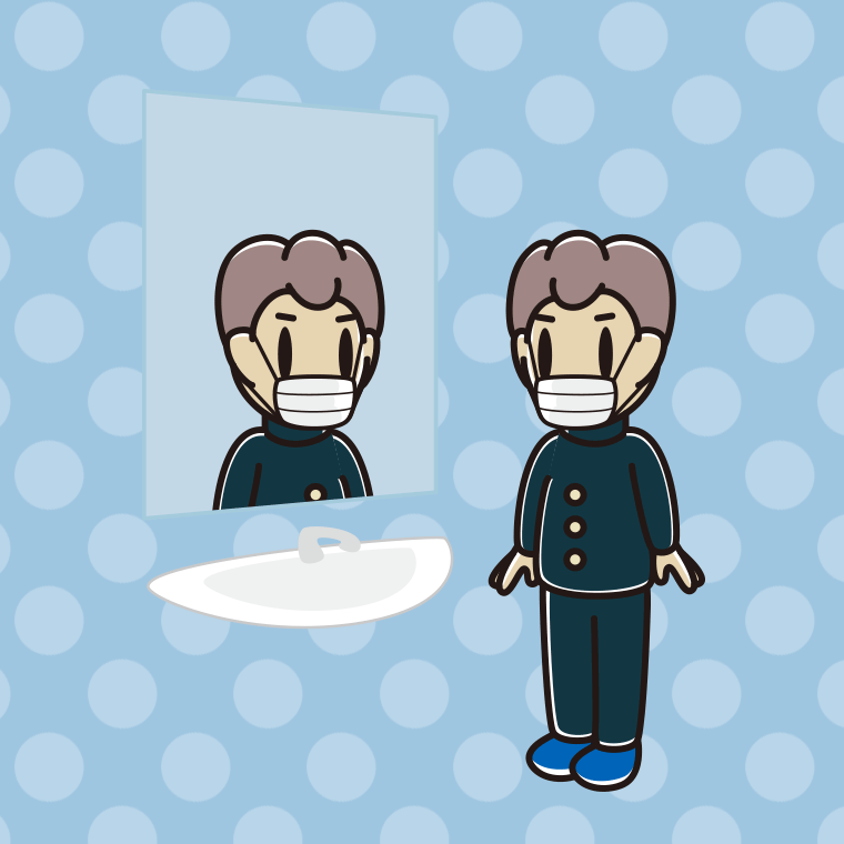 鏡を見るマスクの男子中学生のイラスト【色、背景あり】PNG