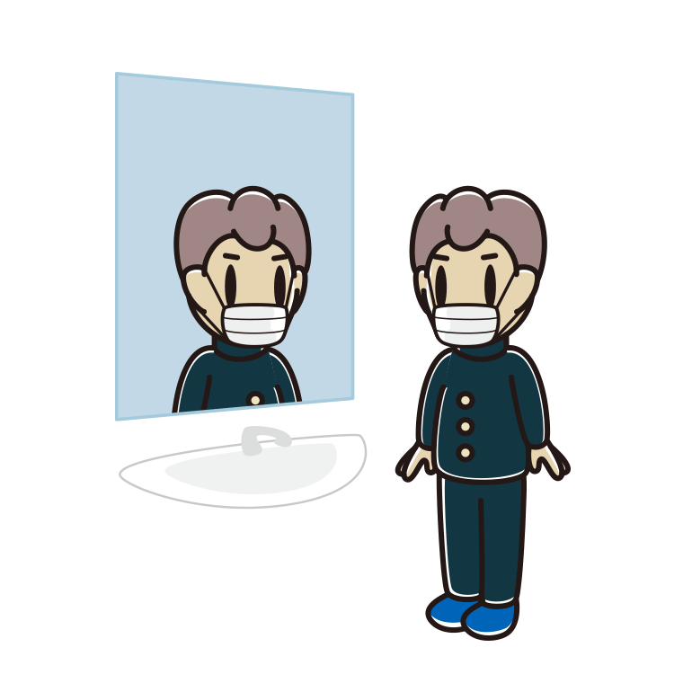 鏡を見るマスクの男子中学生のイラスト【色あり、背景なし】透過PNG