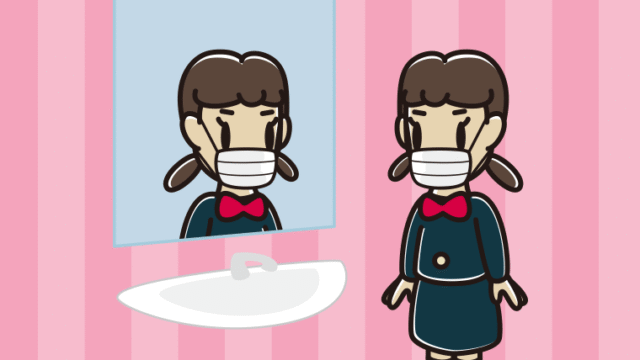 鏡を見るマスクの女子中学生のイラスト【色、背景あり】PNG
