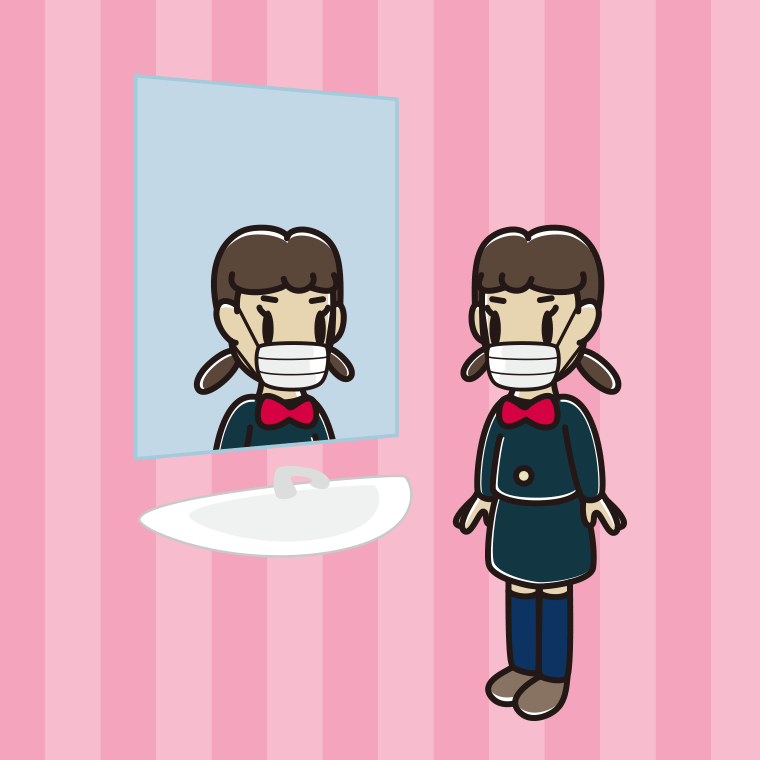 鏡を見るマスクの女子中学生のイラスト【色、背景あり】PNG