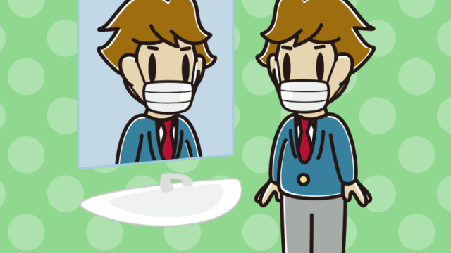 鏡を見るマスクの男子高校生のイラスト【色、背景あり】PNG