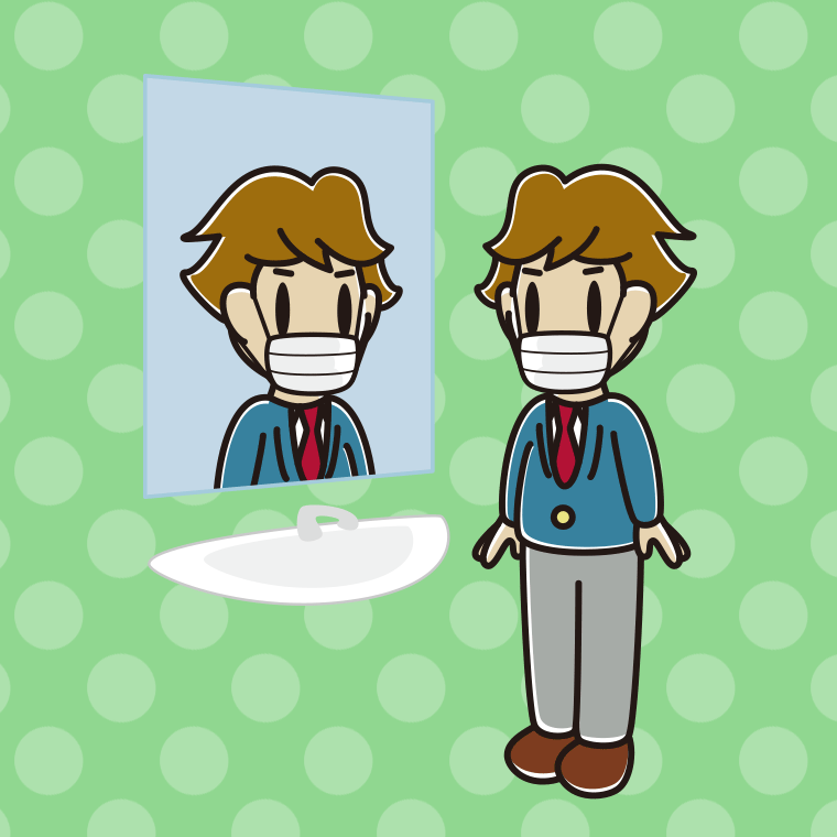 鏡を見るマスクの男子高校生のイラスト【色、背景あり】PNG