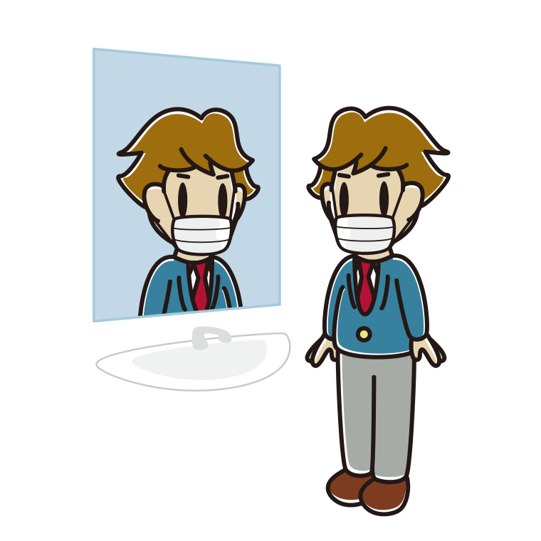 鏡を見るマスクの男子高校生のイラスト【色あり、背景なし】透過PNG