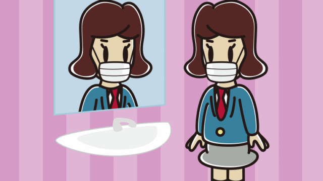 鏡を見るマスクの女子高校生のイラスト【色、背景あり】PNG