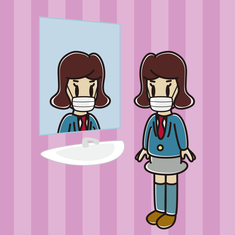 鏡を見るマスクの女子高校生のイラスト【色、背景あり】PNG