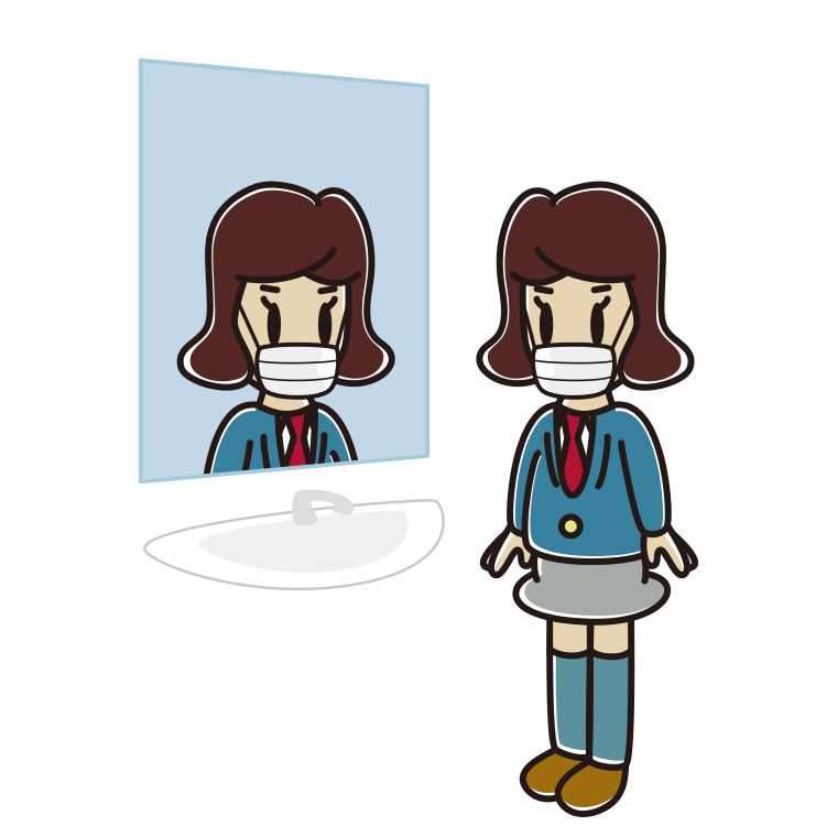 鏡を見るマスクの女子高校生のイラスト【色あり、背景なし】透過PNG