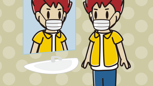 鏡を見るマスクの男子大学生のイラスト【色、背景あり】PNG