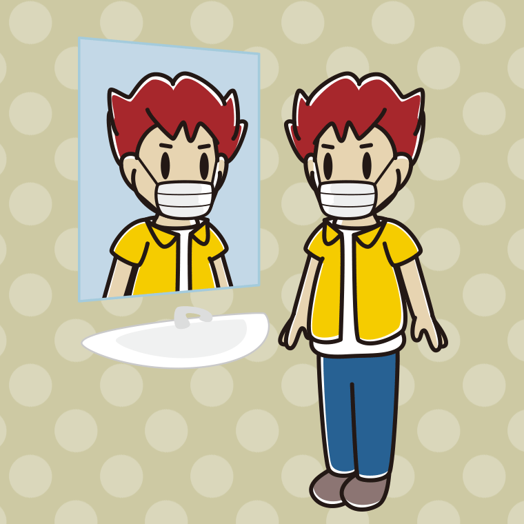 鏡を見るマスクの男子大学生のイラスト【色、背景あり】PNG