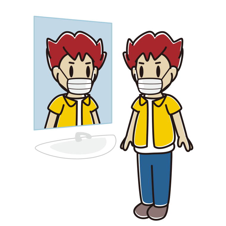 鏡を見るマスクの男子大学生のイラスト【色あり、背景なし】透過PNG