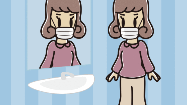 鏡を見るマスクの女子大学生のイラスト【色、背景あり】PNG