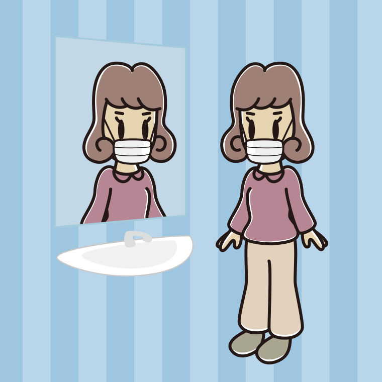 鏡を見るマスクの女子大学生のイラスト【色、背景あり】PNG