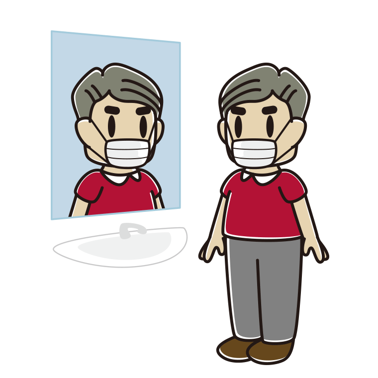 鏡を見るマスクのおじさんのイラスト【色あり、背景なし】透過PNG
