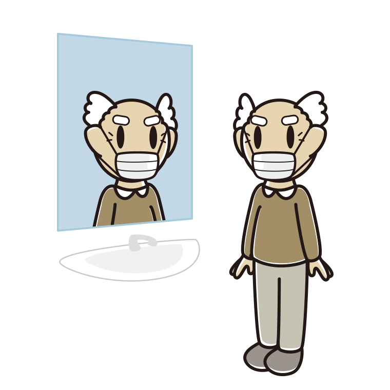 鏡を見るマスクのおじいさんのイラスト【色あり、背景なし】透過PNG