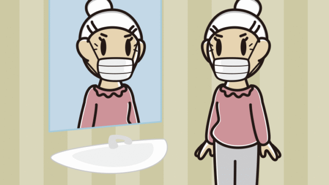 鏡を見るマスクのおばあさんのイラスト【色、背景あり】PNG