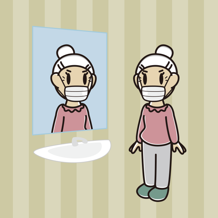 鏡を見るマスクのおばあさんのイラスト【色、背景あり】PNG