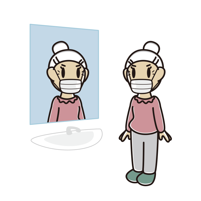 鏡を見るマスクのおばあさんのイラスト【色あり、背景なし】透過PNG
