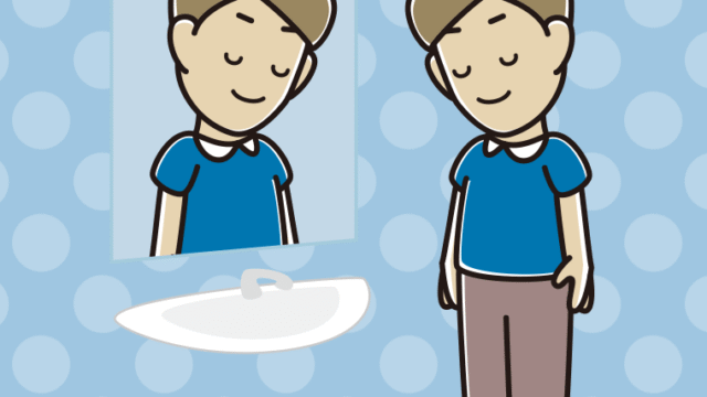 鏡にお辞儀する男性のイラスト【色、背景あり】PNG