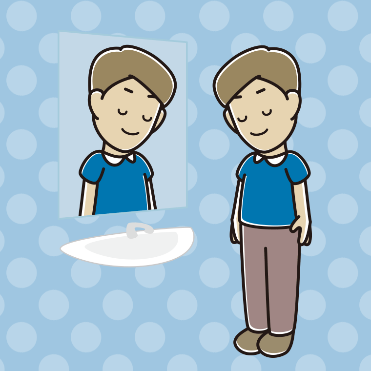 鏡にお辞儀する男性のイラスト【色、背景あり】PNG