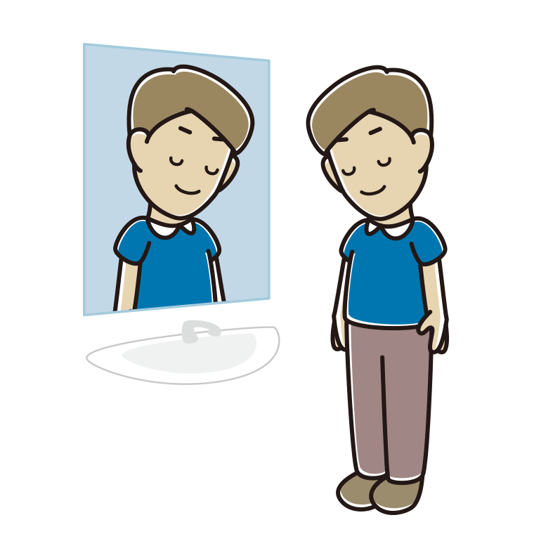 鏡にお辞儀する男性のイラスト【色あり、背景なし】透過PNG