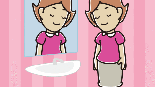 鏡にお辞儀する女性のイラスト【色、背景あり】PNG