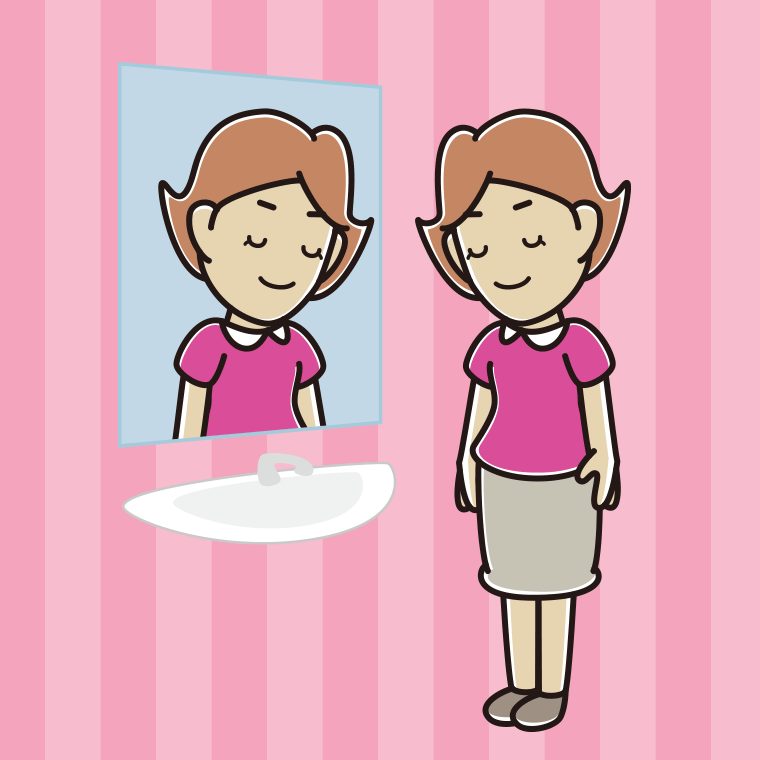 鏡にお辞儀する女性のイラスト【色、背景あり】PNG