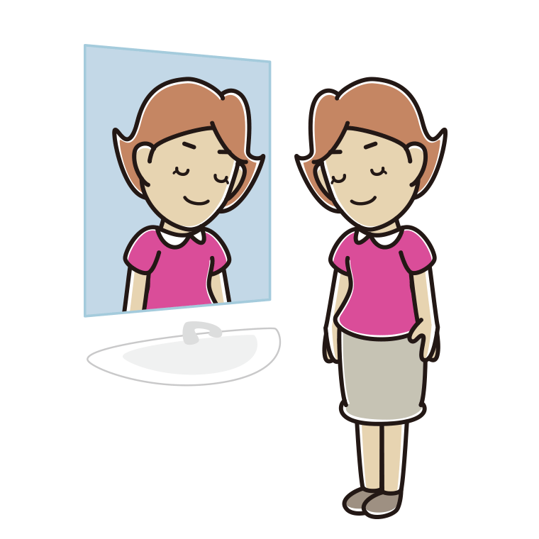 鏡にお辞儀する女性のイラスト【色あり、背景なし】透過PNG