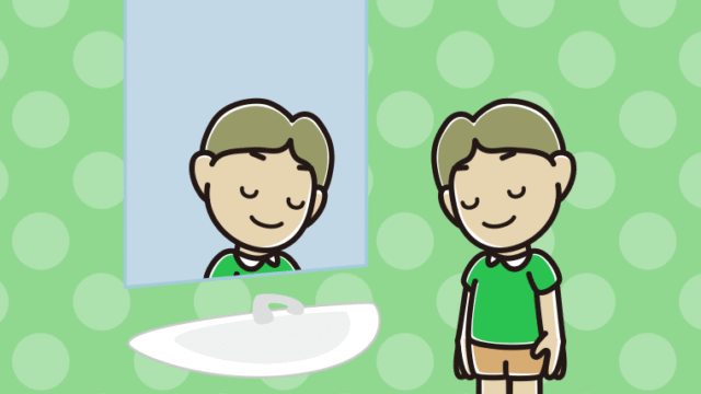 鏡にお辞儀する小学生男子のイラスト【色、背景あり】PNG