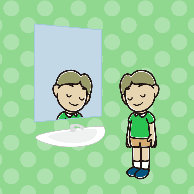 鏡にお辞儀する小学生男子のイラスト【色、背景あり】PNG