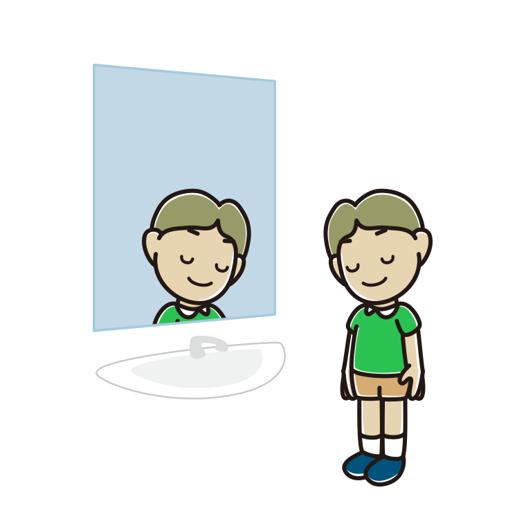 鏡にお辞儀する小学生男子のイラスト【色あり、背景なし】透過PNG