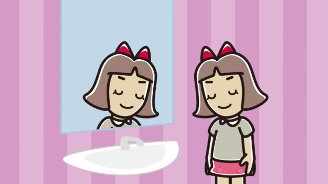 鏡にお辞儀する小学生女子のイラスト【色、背景あり】PNG