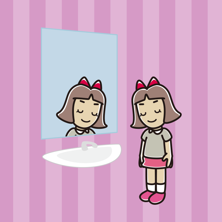 鏡にお辞儀する小学生女子のイラスト【色、背景あり】PNG