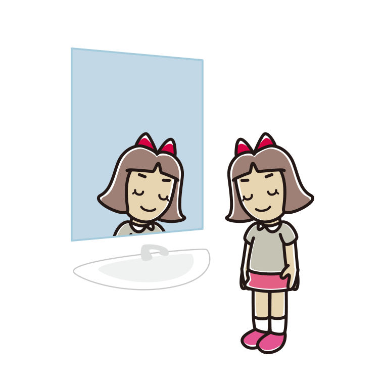 鏡にお辞儀する小学生女子のイラスト【色あり、背景なし】透過PNG