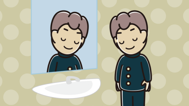 鏡にお辞儀する男子中学生のイラスト【色、背景あり】PNG