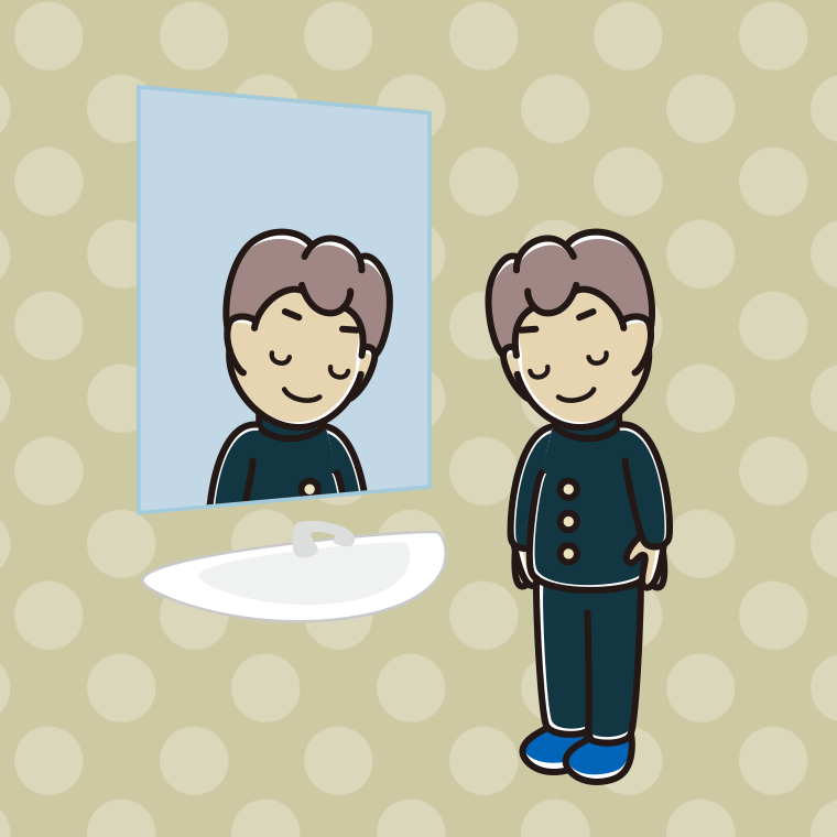 鏡にお辞儀する男子中学生のイラスト【色、背景あり】PNG