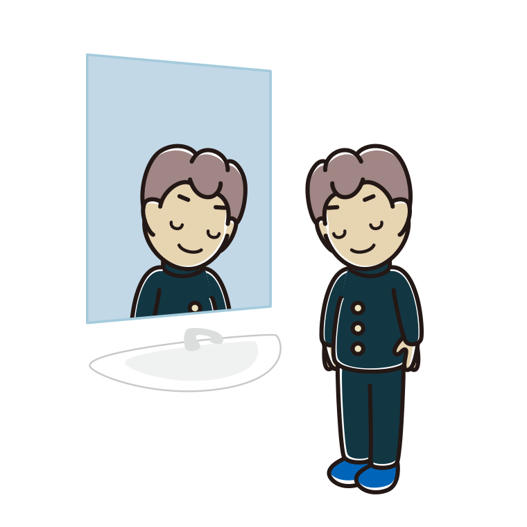 鏡にお辞儀する男子中学生のイラスト【色あり、背景なし】透過PNG
