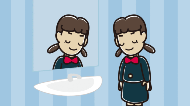 鏡にお辞儀する女子中学生のイラスト【色、背景あり】PNG