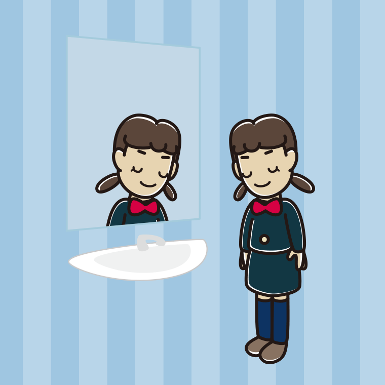 鏡にお辞儀する女子中学生のイラスト【色、背景あり】PNG